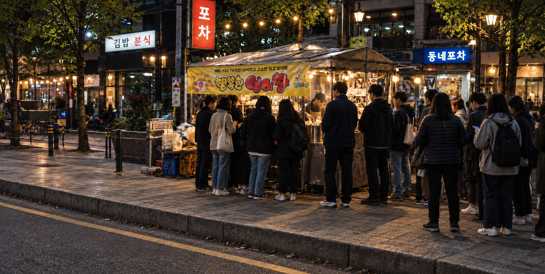 행복한잉어빵 매장 앞에 줄 선 고객들의 야경